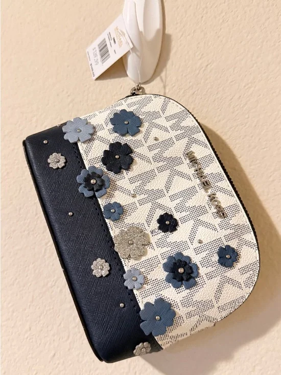 Michael Kors Navy & White Floral Applique Travel Pouch - Picture 1 of 4